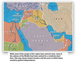 Map of present middle east countries, with the dates of forming nations