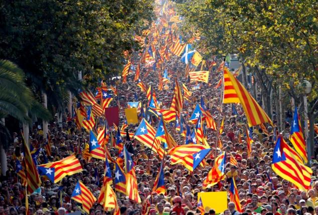 People hold Catalan separatist flags known as "Esteladas" during a gathering to mark the Calatalonia day "Diada" in central Barcelona, Spain, September 11, 2014. REUTERS/Albert Gea/File Photo